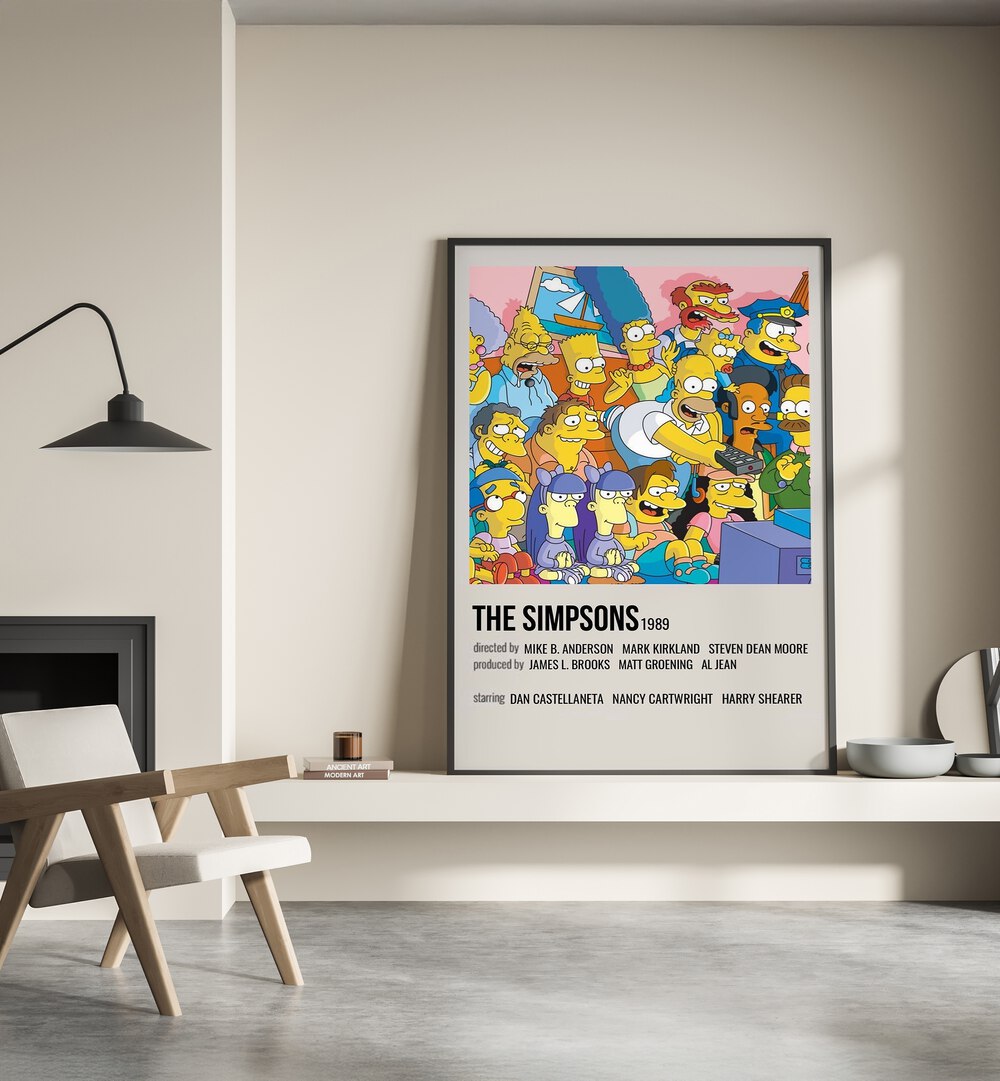 The Simpsons 1989 II Movie Posters in Black Plain Frame placed on a shelf beside a hearth