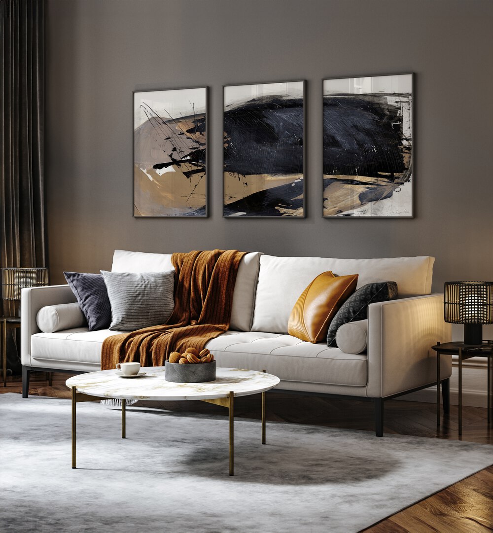 The Snap Abstraction Set Set Of 3 Paintings in Black Plain Frame placed on  a wall behind a sofa for living room