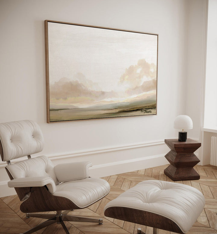 The South By Dan Hobday Abstract Art Abstract Paintings in Oak Wood Plain Frame placed on a White Colored Wall in the Drawing Room