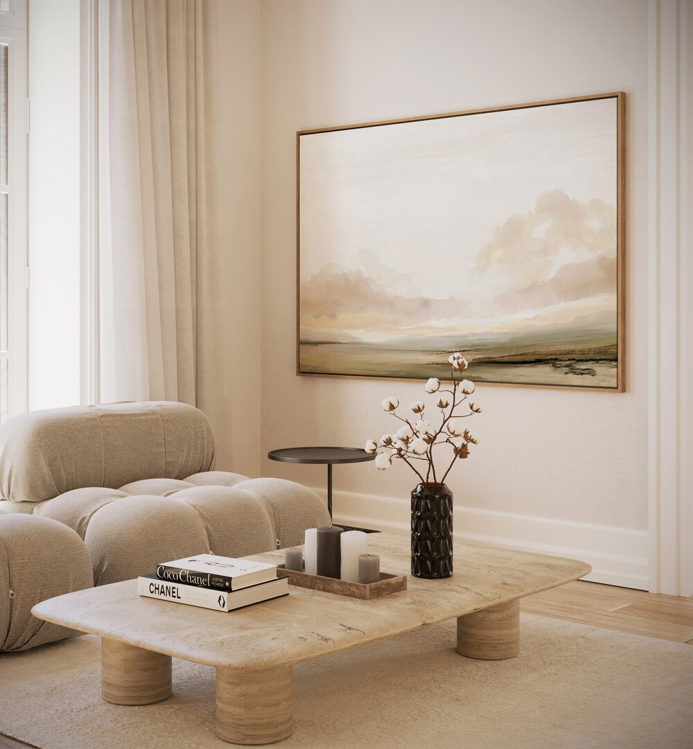 The South By Dan Hobday Abstract Art Abstract Paintings in Oak Wood Plain Frame placed on a Beige Colored Wall in the Living Room