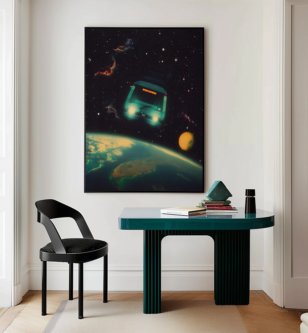 The Space Express Surreal Paintings Surreal Art Prints in Black Plain Frame placed on a White Colored Wall Above a Study Table near a Workspace in the Drawing Room