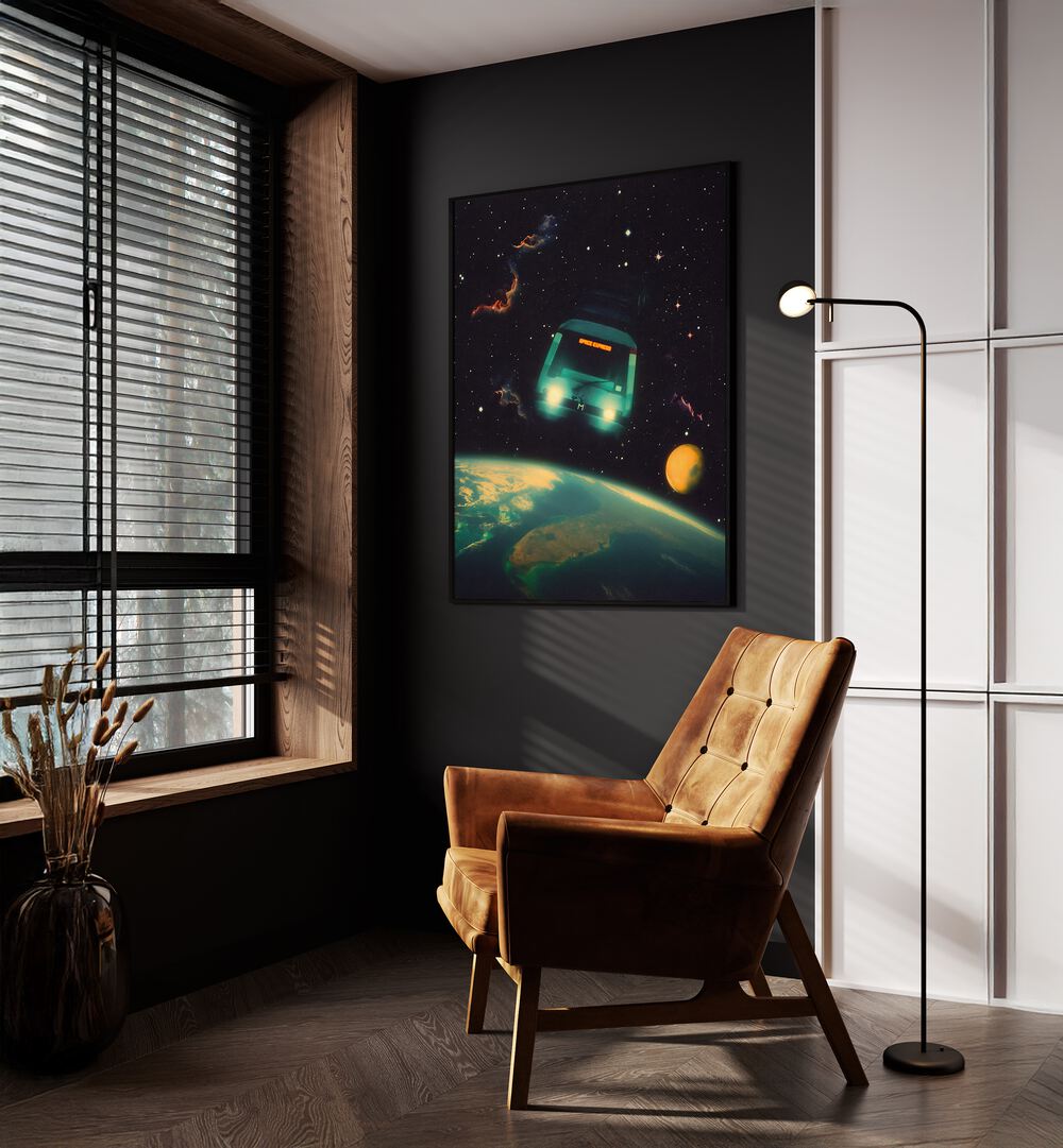 The Space Express Surreal Paintings Surreal Art Prints in Black Plain Frame placed on a Dark Grey Colored Wall near a Brown Sofa Chair in the Drawing Room