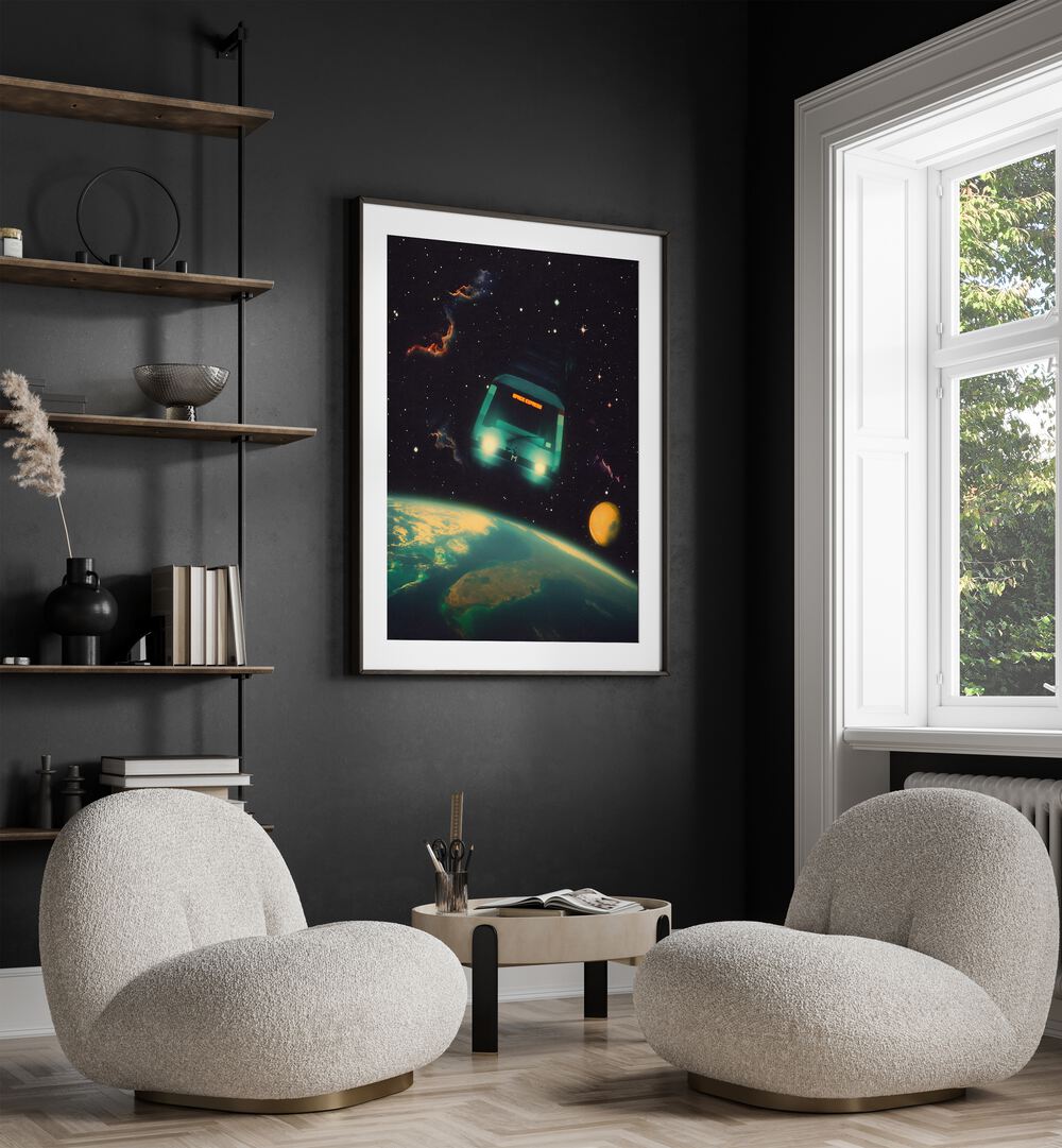 The Space Express Surreal Paintings Surreal Art Prints in Black Frame With Mount placed on a Dark Grey Colored Wall in the Drawing Room