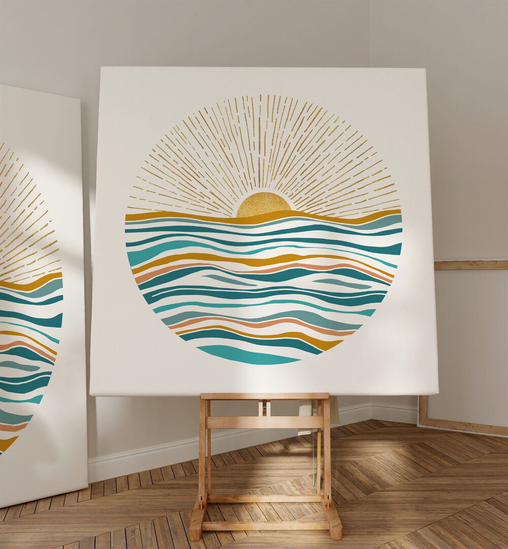 The Sun and the Sea by Kristian Gallagher Wall Art Prints in Gallery Wrap placed on a easel stand beside a artwork