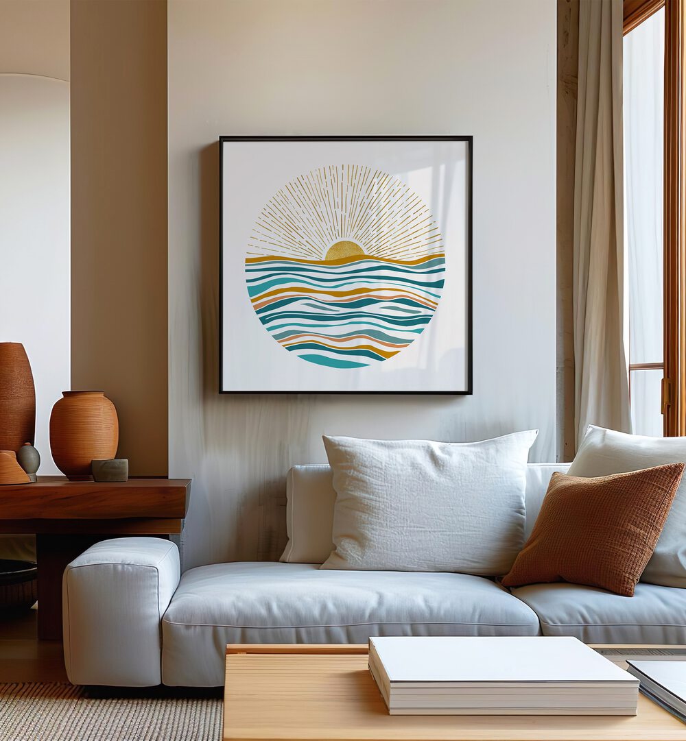 The Sun and the Sea by Kristian Gallagher Wall Art Prints in Black Plain Frame placed on a wall behind a sofa