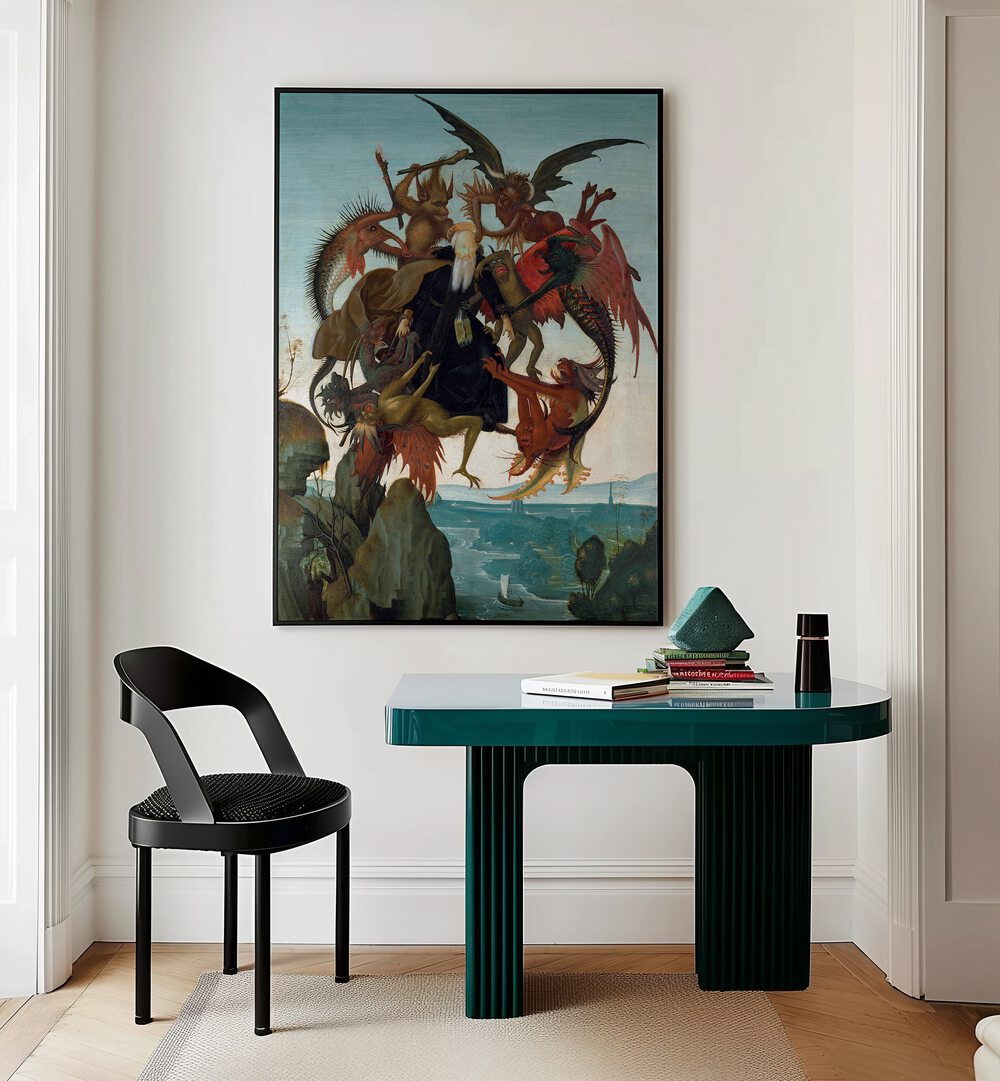 The Torment Of Saint Anthony Ca.1487-1488 Vintage Paintings in Black Plain Frame placed on a wall behind  a study table