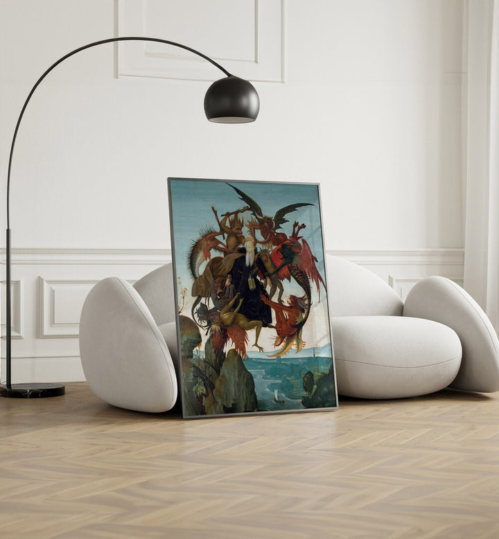 The Torment Of Saint Anthony Ca.1487-1488 Vintage Paintings in Black Plain Frame placed on the floor beside a sofa