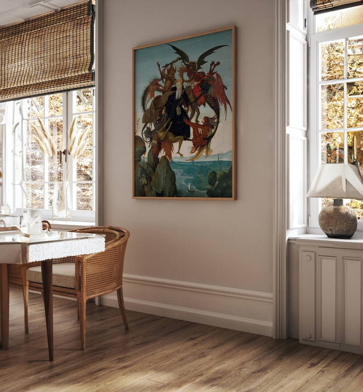 The Torment Of Saint Anthony Ca.1487-1488 Vintage Paintings in Oak Wood Plain Frame placed on a wall between windows behind a study table