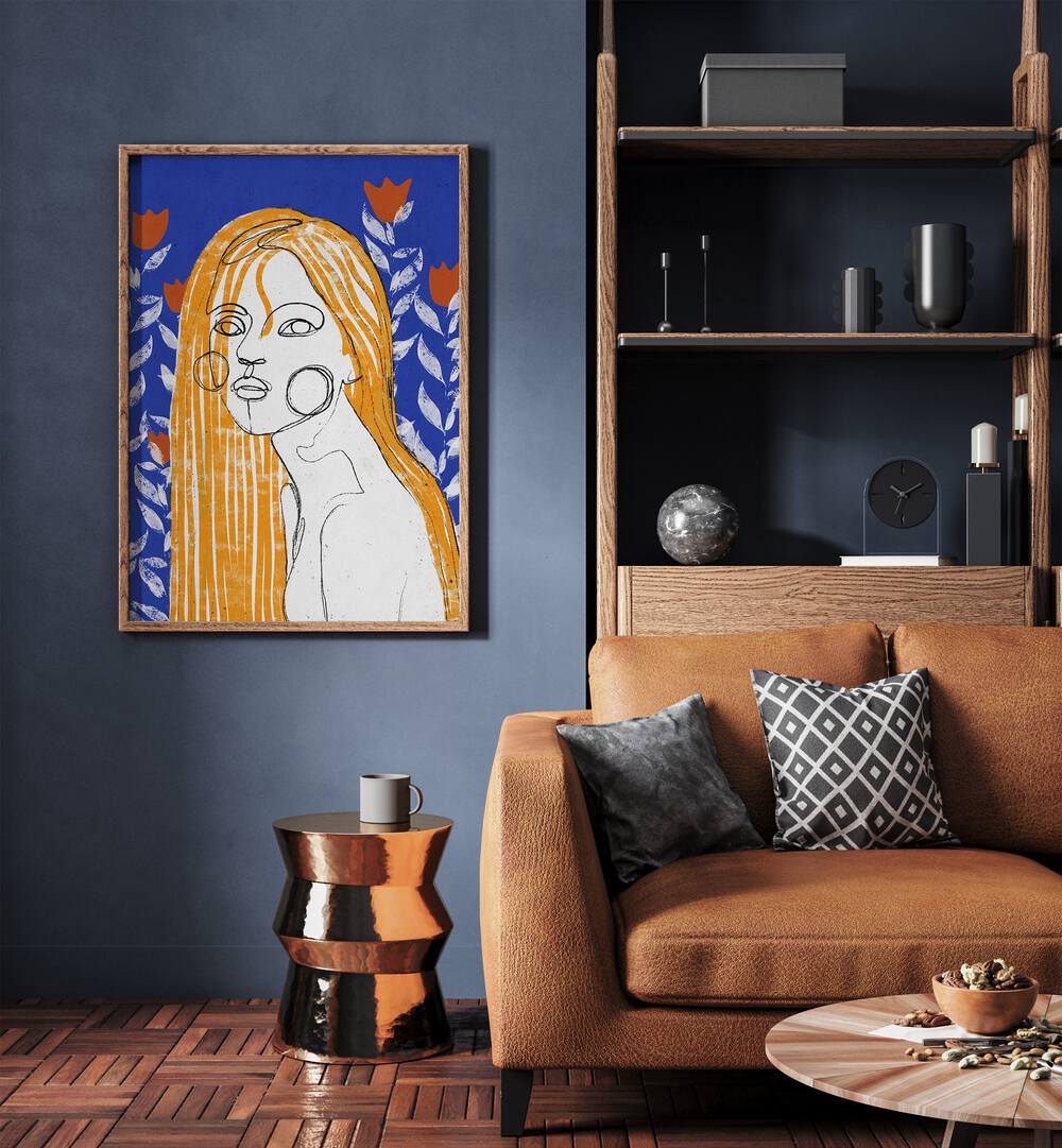 The Tulip Girl By Treechild Women Illustration Paintings in Oak Wood Plain Frame placed on a Blue Colored Wall near a Brown Sofa in the Living Room