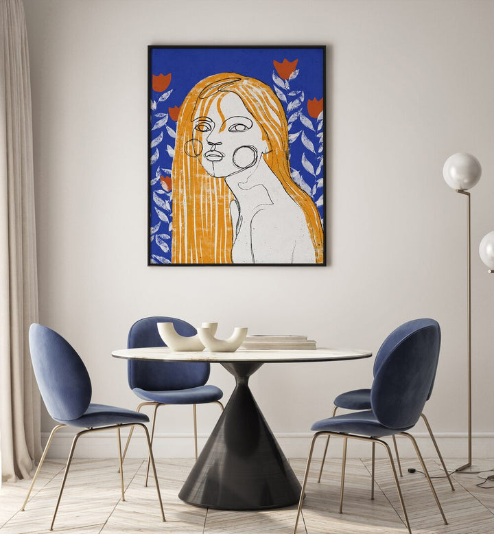 The Tulip Girl By Treechild Women Illustration Paintings in Black Plain Frame placed on a Cream Colored Wall near a Dining Table in the Dining Room