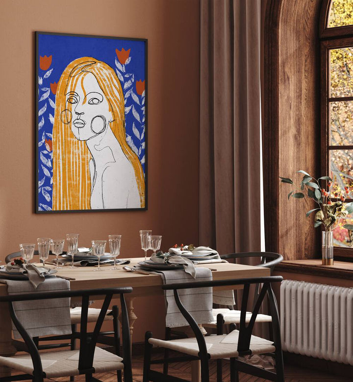 The Tulip Girl By Treechild Women Illustration Paintings in Black Plain Frame placed on a Brown Colored Wall near a Dining Table in the Dining Room