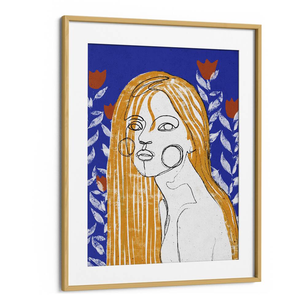 The Tulip Girl by Treechild Women Illustration Paintings in Oak Wood Frame With Mount