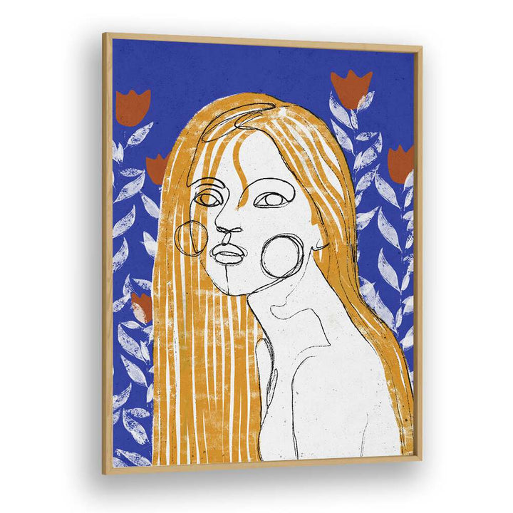 The Tulip Girl by Treechild Women Illustration Paintings in Oak Wood Plain Frame