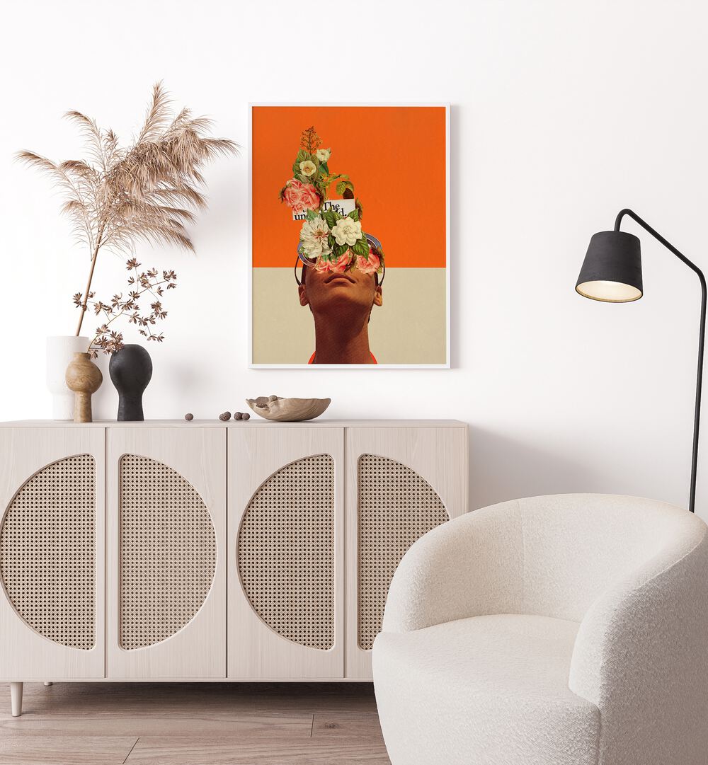 The Unexpected By Frank Moth Surreal Art Prints Surrealism in White Plain Frame placed on a wall behind a console table