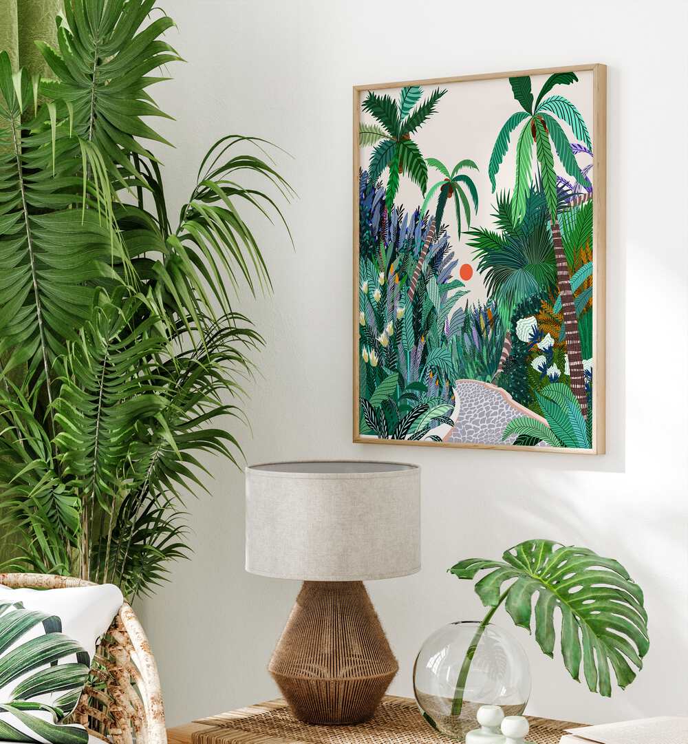 The Urban Jungle Route By Uma Gokhale Botanical Art Prints in Oak Wood Plain Frame on a white wall behind a lamp and beside a plant