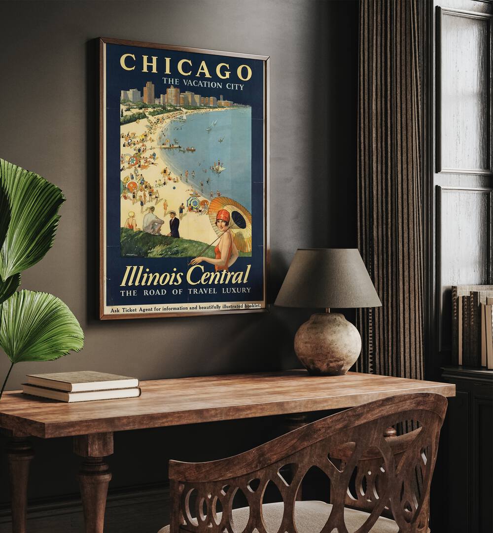 The Vacation City-Chicago Retro Vintage Travel Travel Posters in Dark Wood Plain Frame on a wall above a study table beside a lamp