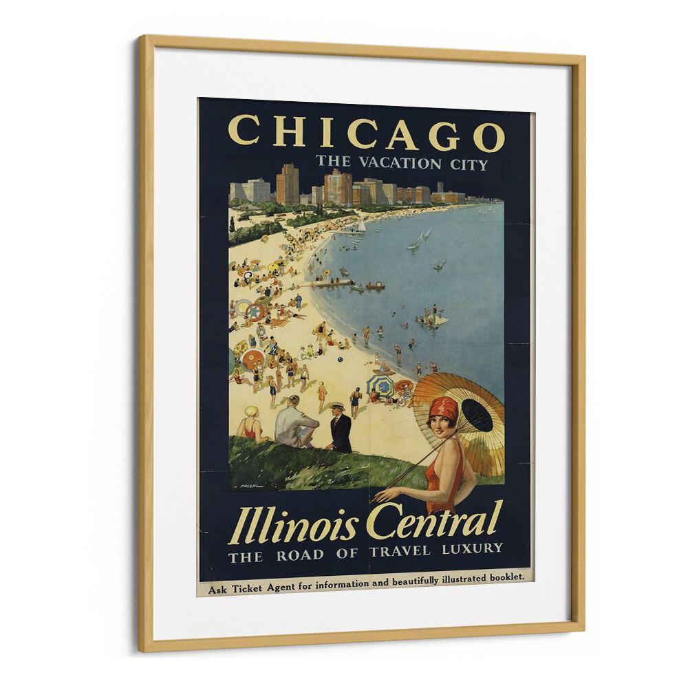 The Vacation City-Chicago Retro Vintage Travel Travel Posters in Oak Wood Frame With Mount