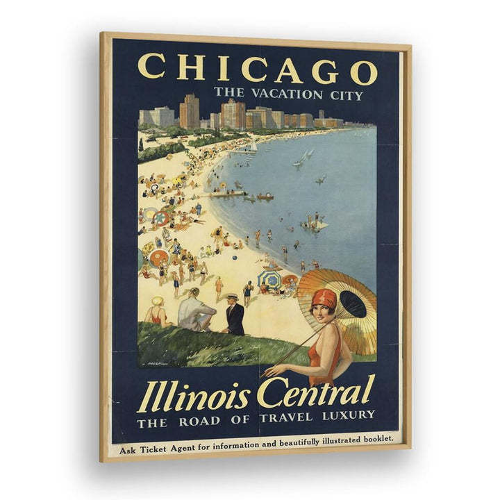 The Vacation City-Chicago Retro Vintage Travel Travel Posters in Oak Wood Plain Frame