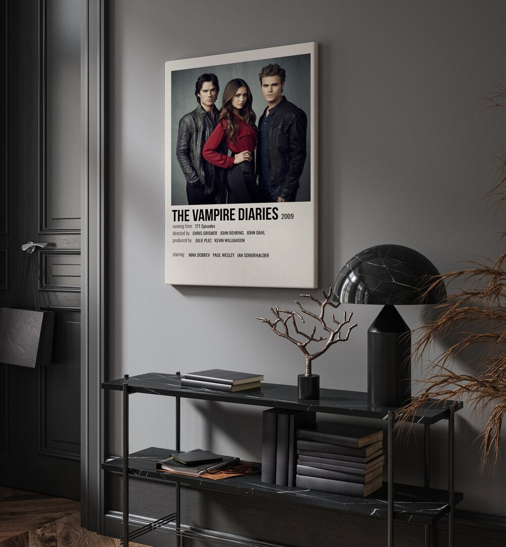 The Vampire Diaries Movie Posters in Gallery Wrap placed on a wall behind a table and beside a door