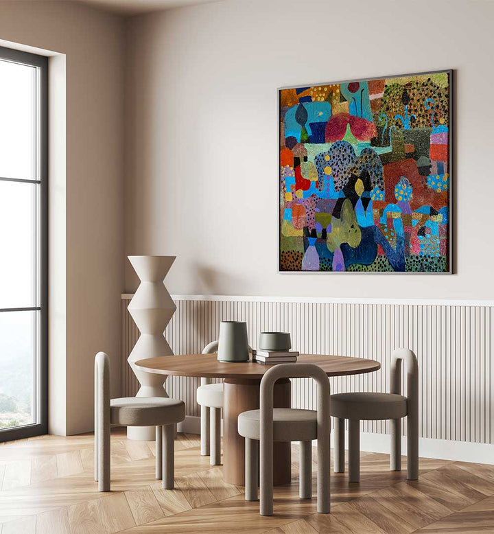 THE VILLAGE , ABSTRACT PAINTINGS framed canvas with warm earth tones, fluid brushstrokes and textured layers above dining table
