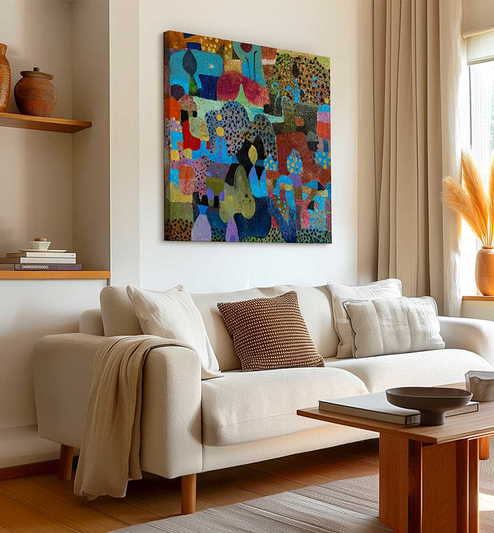 Living room with THE VILLAGE , ABSTRACT PAINTINGS canvas in warm earth tones hung above a neutral sofa