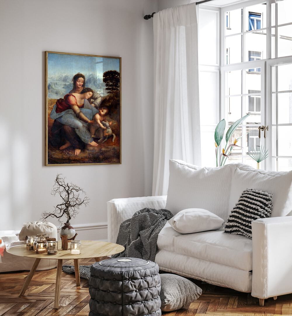 The Virgin And The Childern With The Saint Vintage Paintings in Oak Wood Plain Frame placed on a white wall beside a sofa and a window for living room