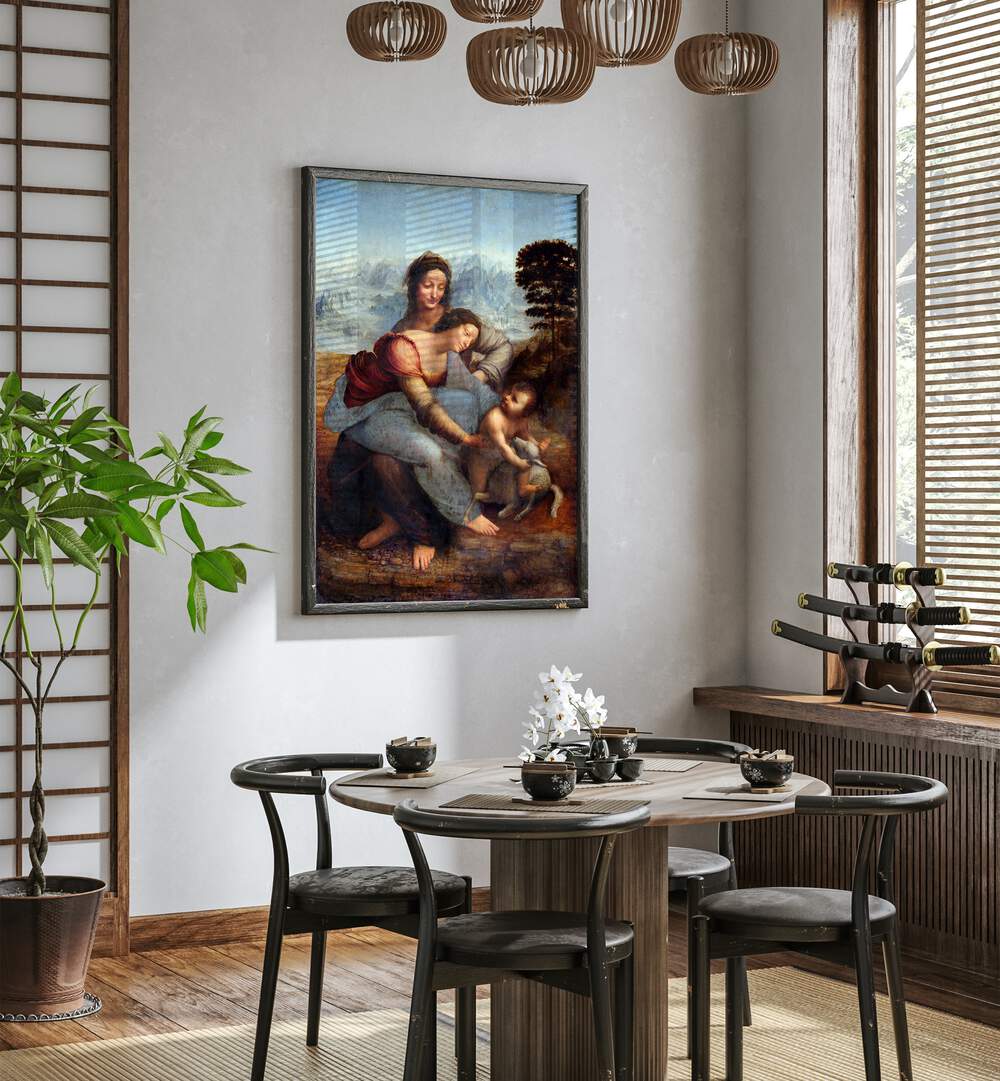 The Virgin And The Childern With The Saint Vintage Paintings in Black Plain Frame placed on a white wall behind a dining table for dining area