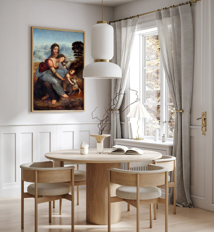 The Virgin And The Childern With The Saint Vintage Paintings in Oak Wood Plain Frame placed on a white wall behind a dining table and beside a window for dining area