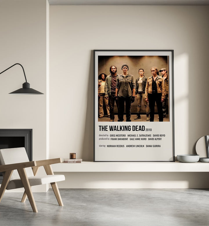 The Walking Dead 2010 I Movie Posters in Black Plain Frame placed on a shelf beside a hearth