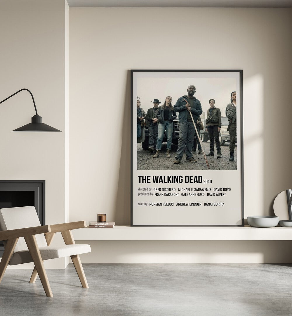 The Walking Dead 2010 II Movie Posters in Black Plain Frame placed on a shelf beside a hearth