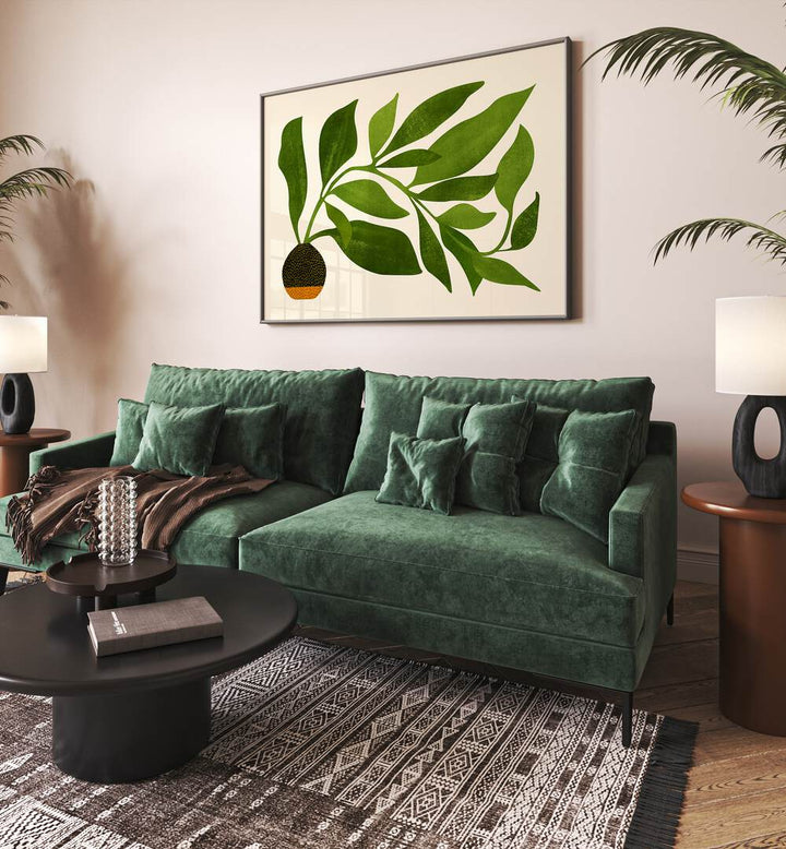 The Wanderer by Kristian Gallagher Botanical Flower Paintings Floral Paintings in Black Plain Frame placed on a wall behind a green sofa for living room