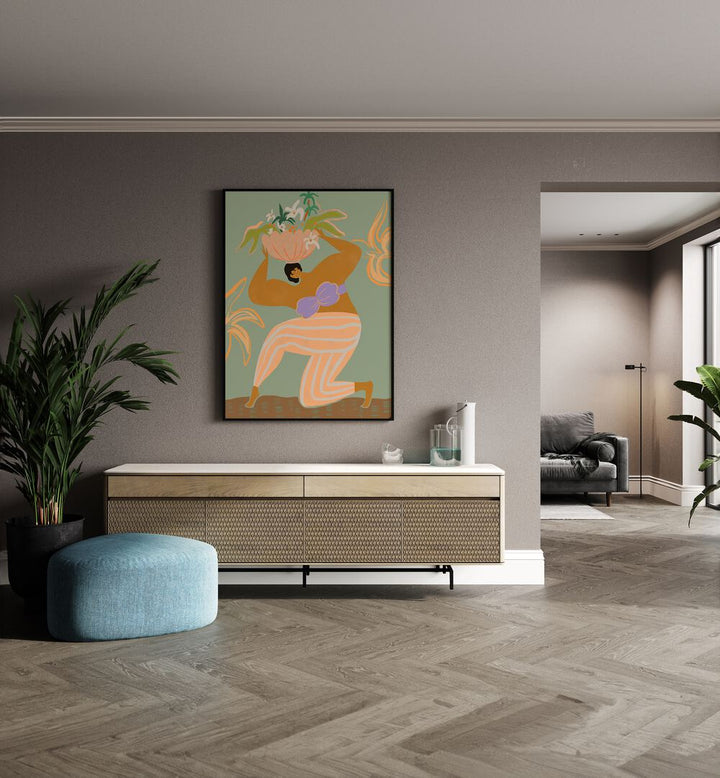 The Weight Of The World By Arty Guava Wall Art Prints in Black Plain Frame placed on a Beige Colored Wall above a Console Table in the Drawing Room