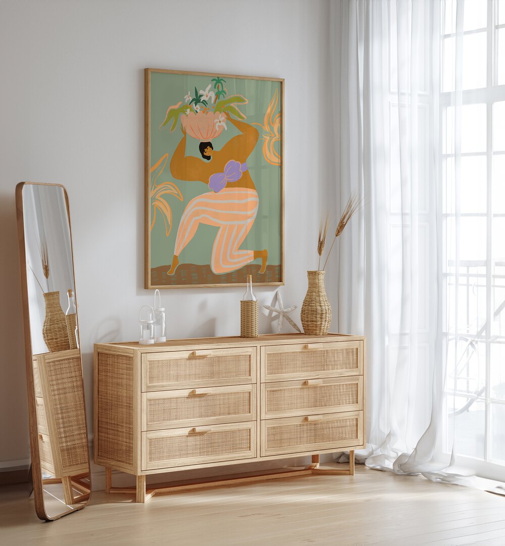 The Weight Of The World By Arty Guava Wall Art Prints in Oak Wood Plain Frame placed on a White Colored Wall above a Console Table in the Drawing Room 