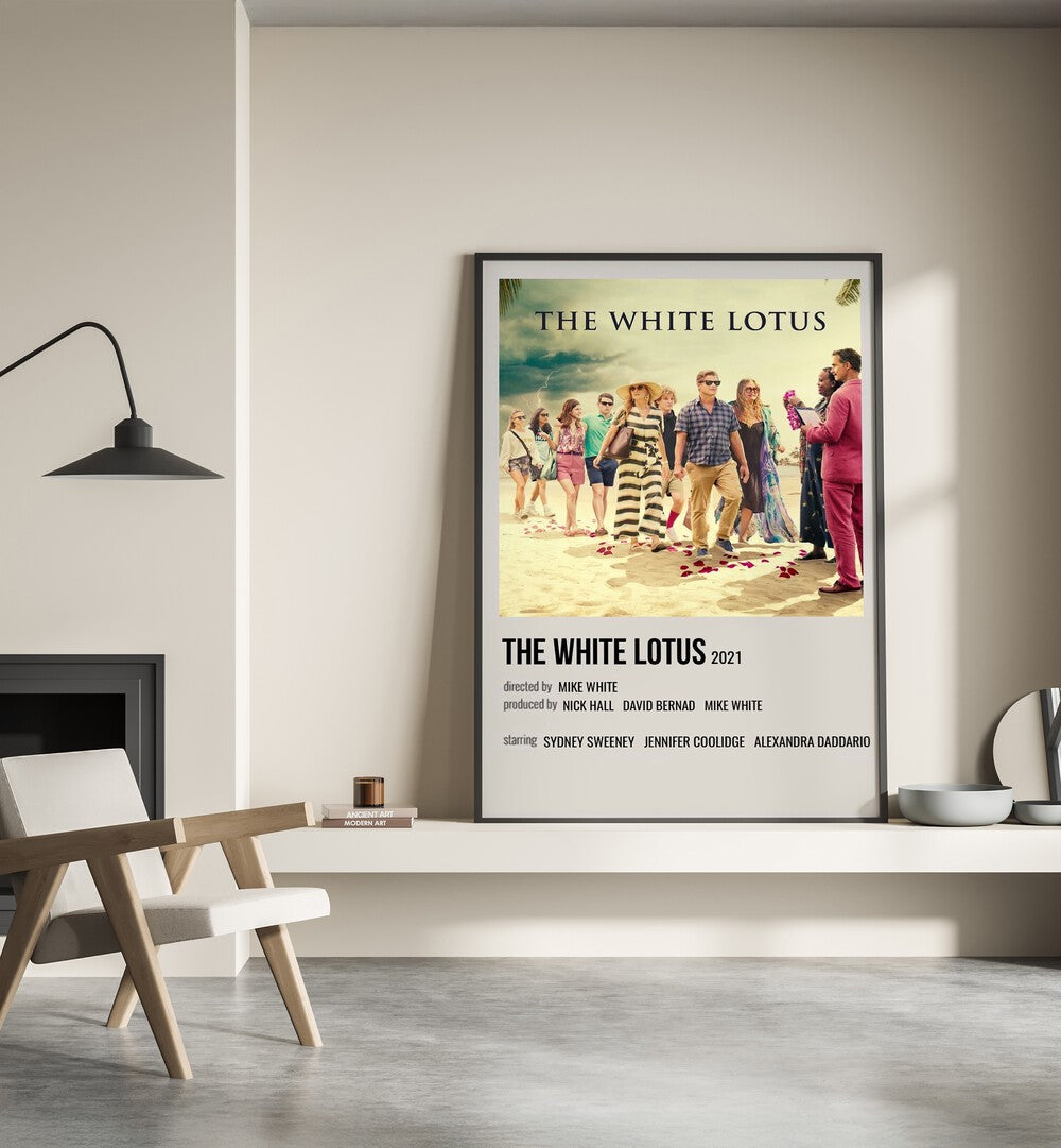 The White Lotus 2021 Movie Posters in Black Plain Frame placed on a shelf beside a hearth