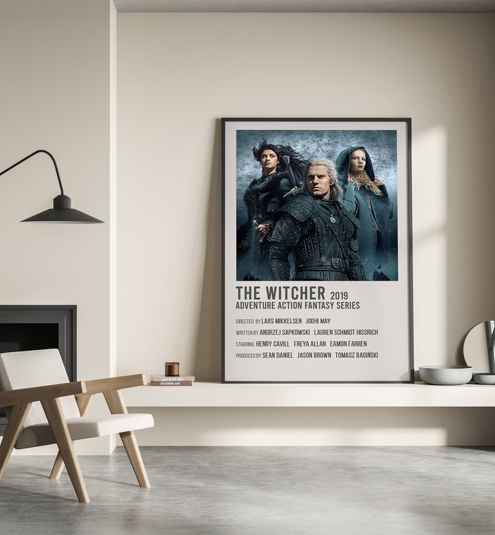 The Witcher 2019 Movie Posters in Black Plain Frame placed on a shelf beside a hearth