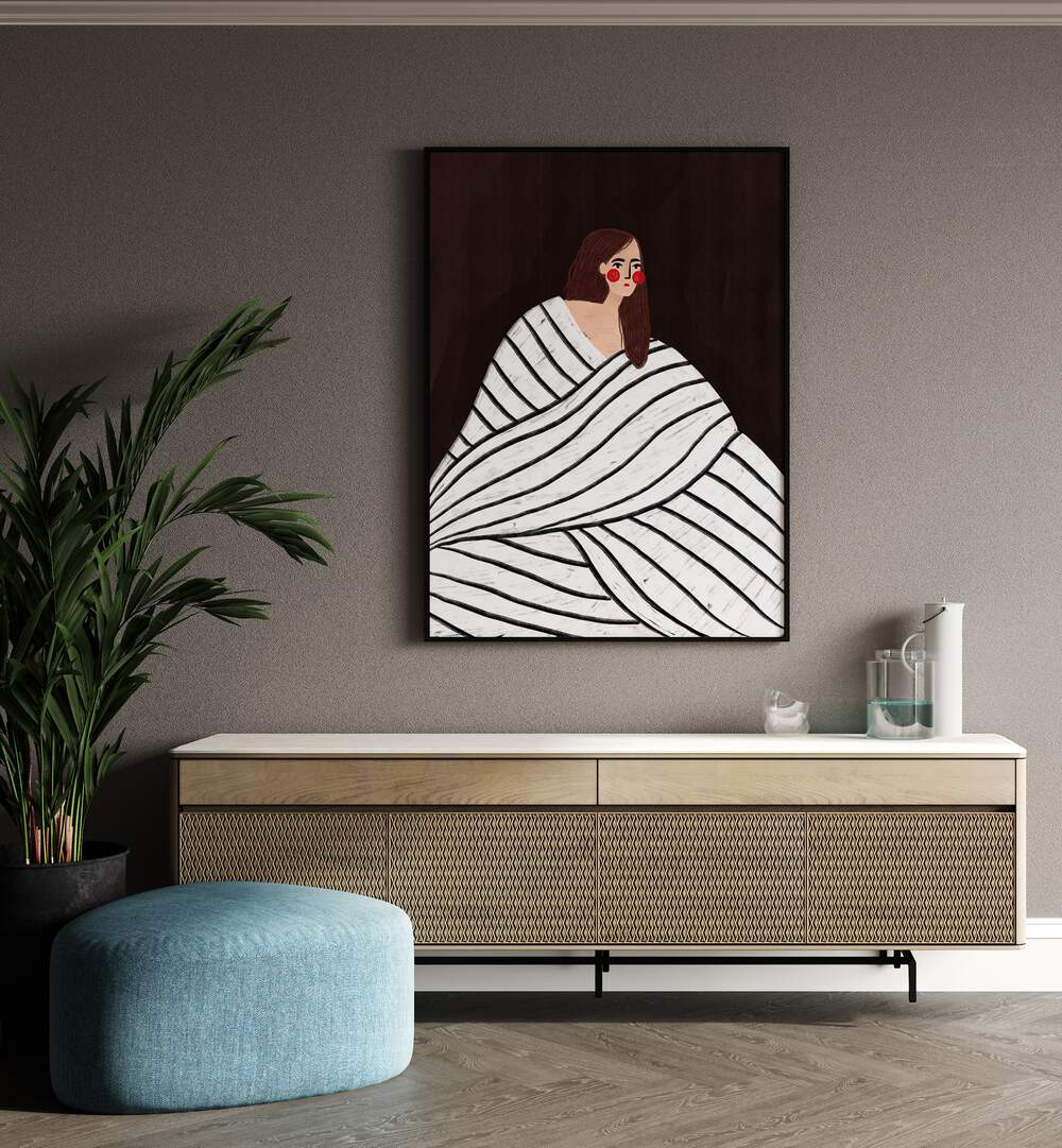 The Woman With Black and White Stripes By Bea Muller Women Illustration Paintings in Black Plain Frame on a wall above a console table beside a plant