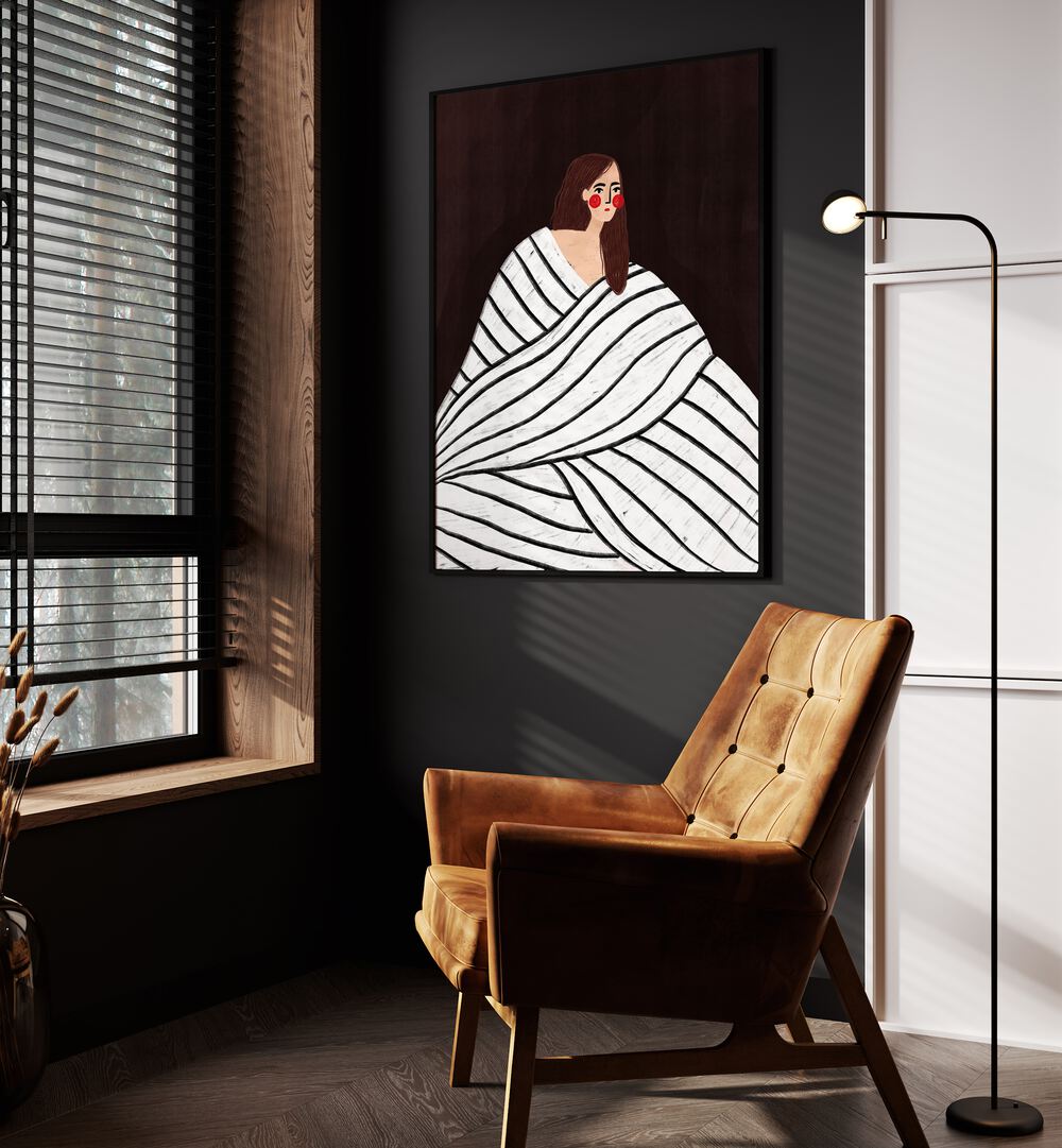 The Woman With Black and White Stripes By Bea Muller Women Illustration Paintings in Black Plain Frame on a wall beside an orange sofa