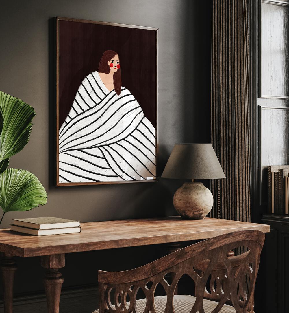 The Woman With Black and White Stripes By Bea Muller Women Illustration Paintings in Dark Wood Plain Frame on a wall above a study table beside a plant