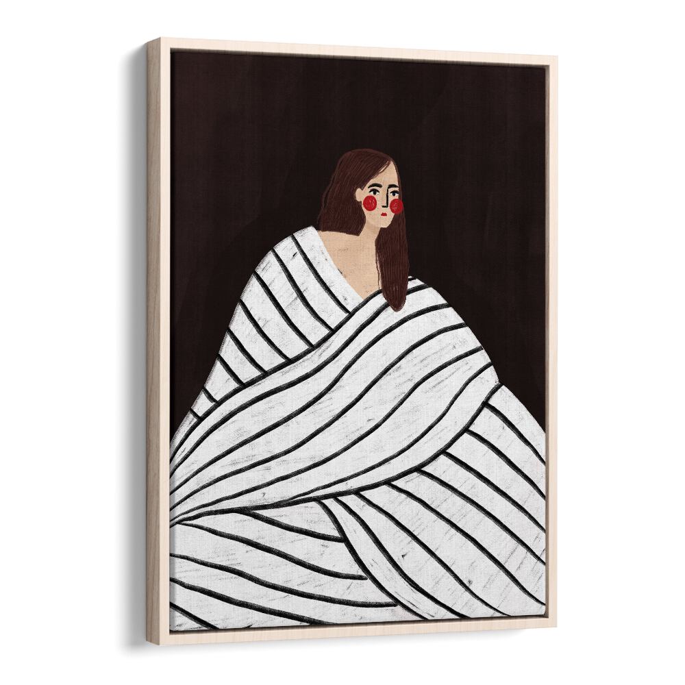 The Woman With Black and White Stripes By Bea Muller Women Illustration Paintings in Oak Wood Floater Frame