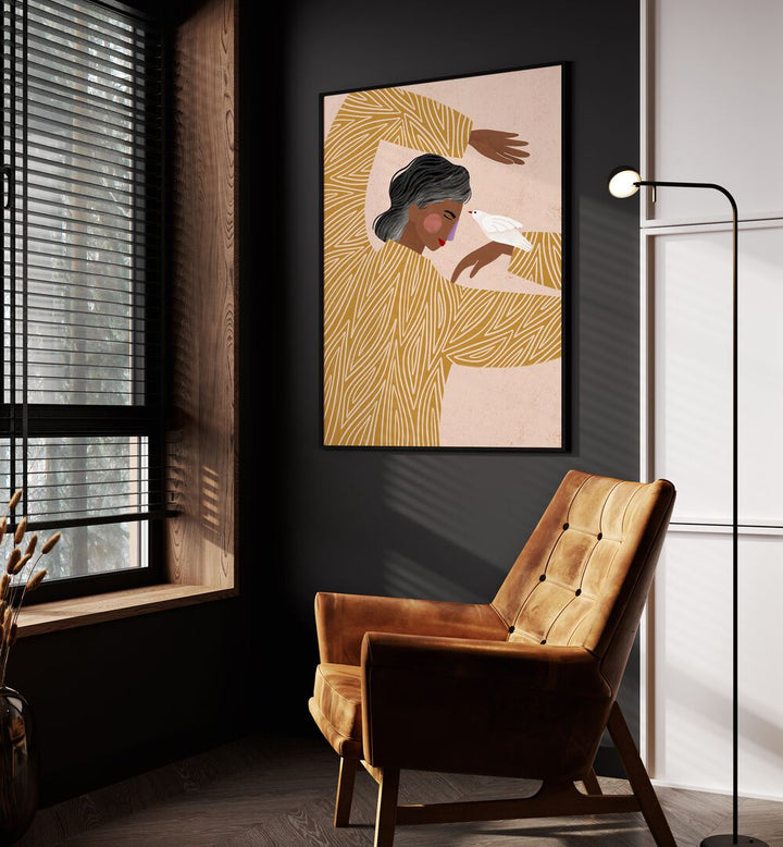 The Woman With Her Bird By Bea Muller Women Illustration Paintings in Black Plain Frame on a wall beside an orange sofa