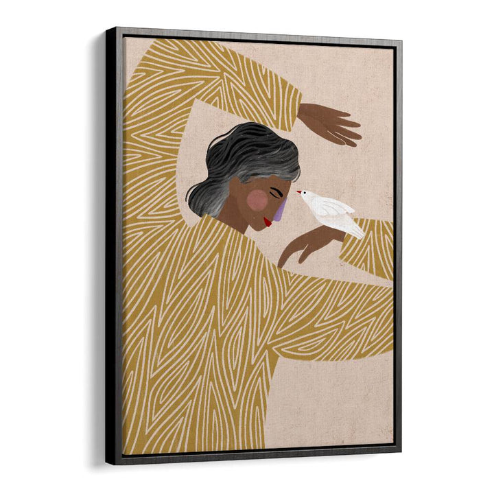 The Woman With Her Bird By Bea Muller Women Illustration Paintings in Black Floater Frame