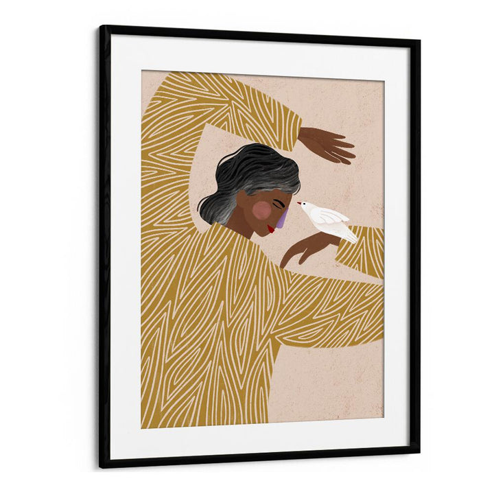 The Woman With Her Bird By Bea Muller Women Illustration Paintings in Black Frame With Mount