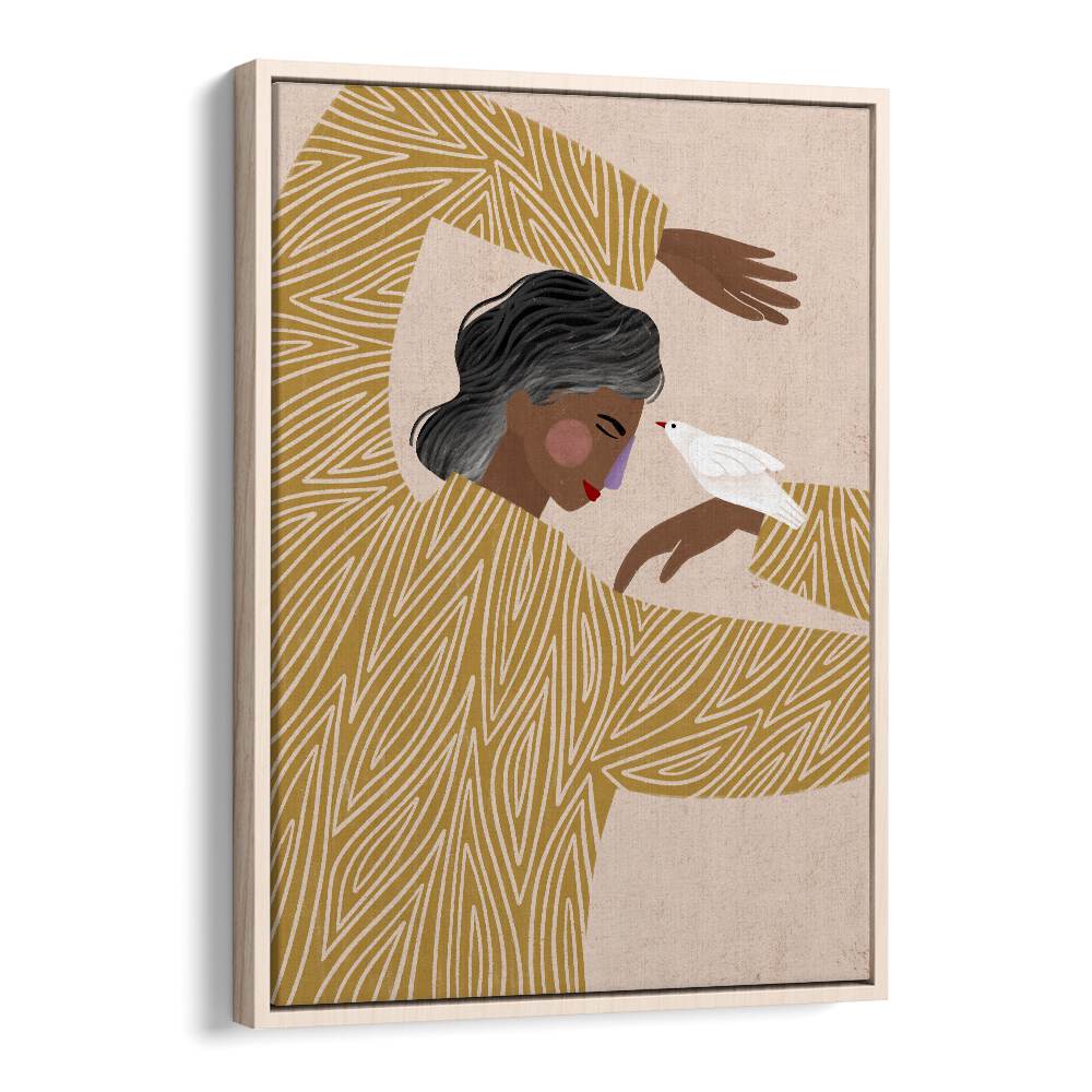 The Woman With Her Bird By Bea Muller Women Illustration Paintings in Oak Wood Floater Frame