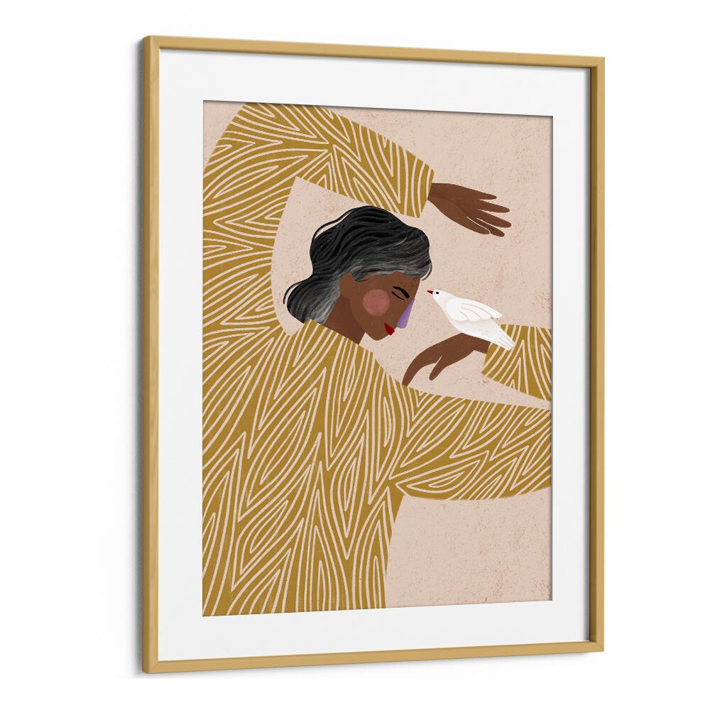 The Woman With Her Bird By Bea Muller Women Illustration Paintings in Oak Wood Frame With Mount