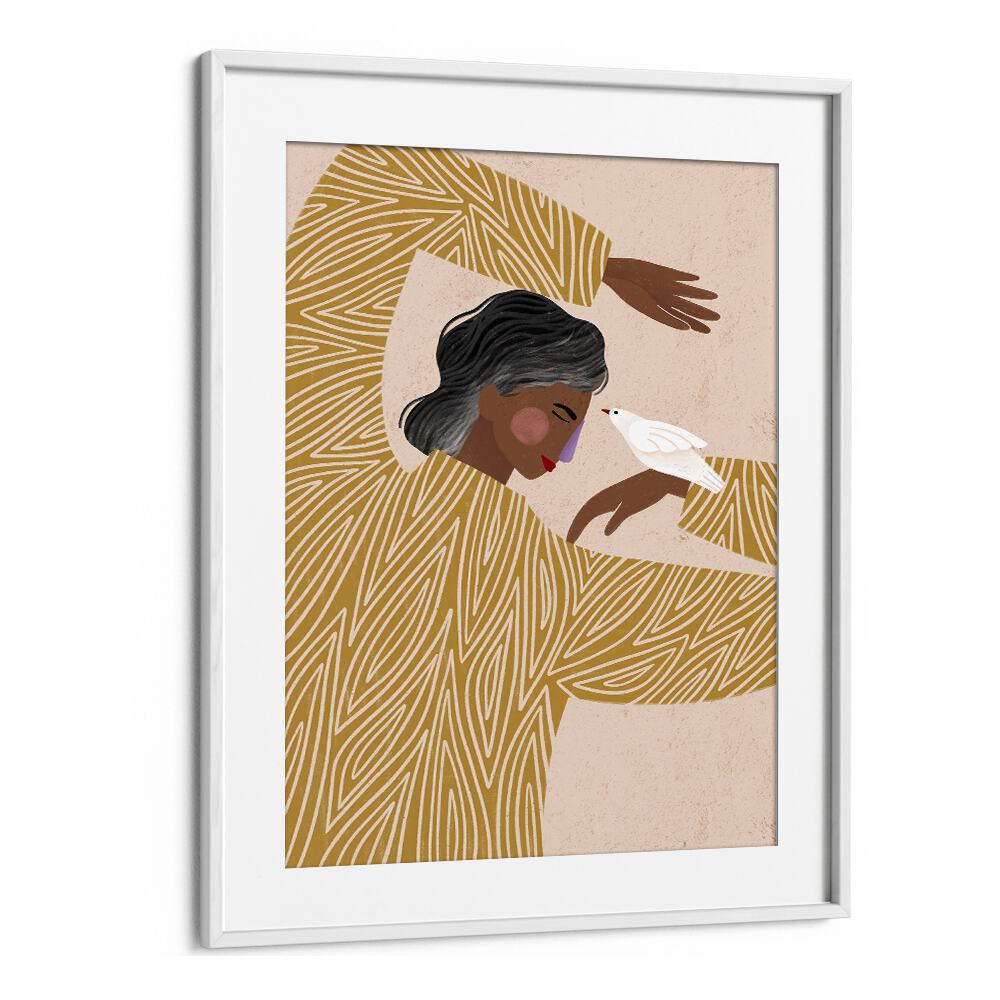 The Woman With Her Bird By Bea Muller Women Illustration Paintings in White Frame With Mount