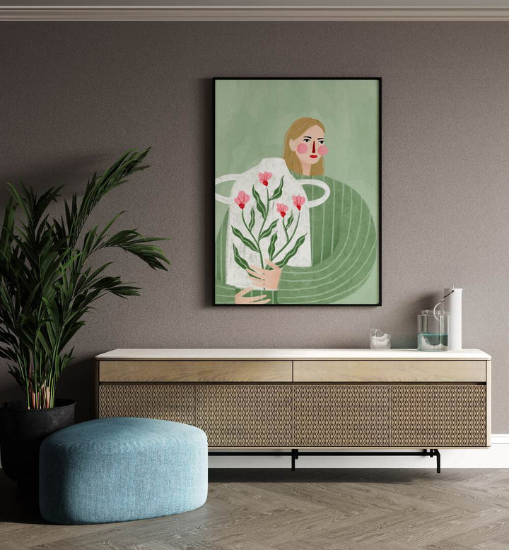 The Woman With Her Vase By Bea Muller Women Illustration Paintings in Black Plain Frame on a wall above a console table beside a plant