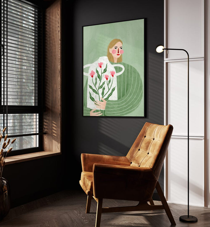 The Woman With Her Vase By Bea Muller Women Illustration Paintings in Black Plain Frame on a wall beside an orange sofa