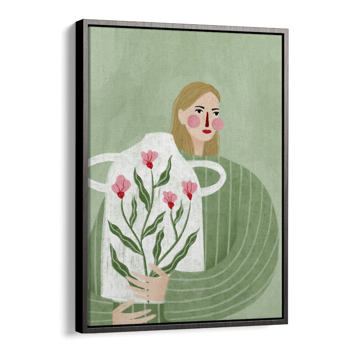 The Woman With Her Vase By Bea Muller Women Illustration Paintings in Black Floater Frame