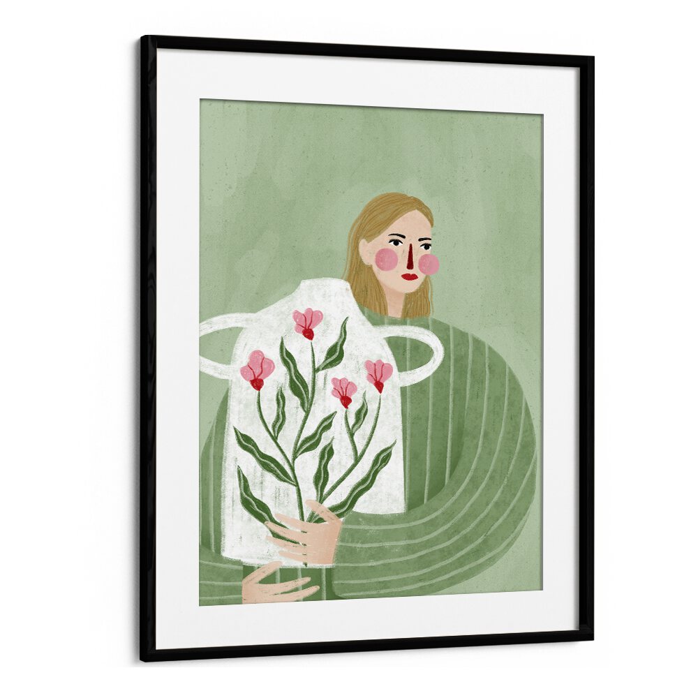 The Woman With Her Vase By Bea Muller Women Illustration Paintings in Black Frame With Mount