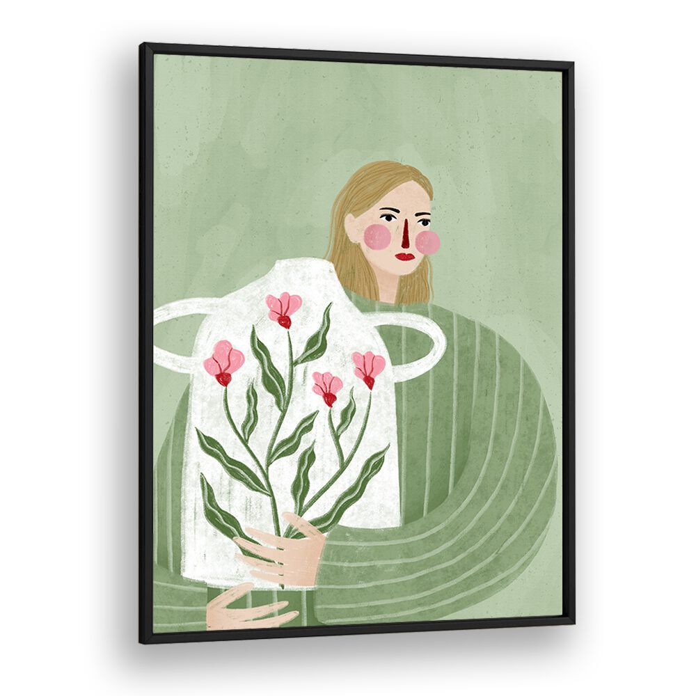 The Woman With Her Vase By Bea Muller Women Illustration Paintings in Black Plain Frame